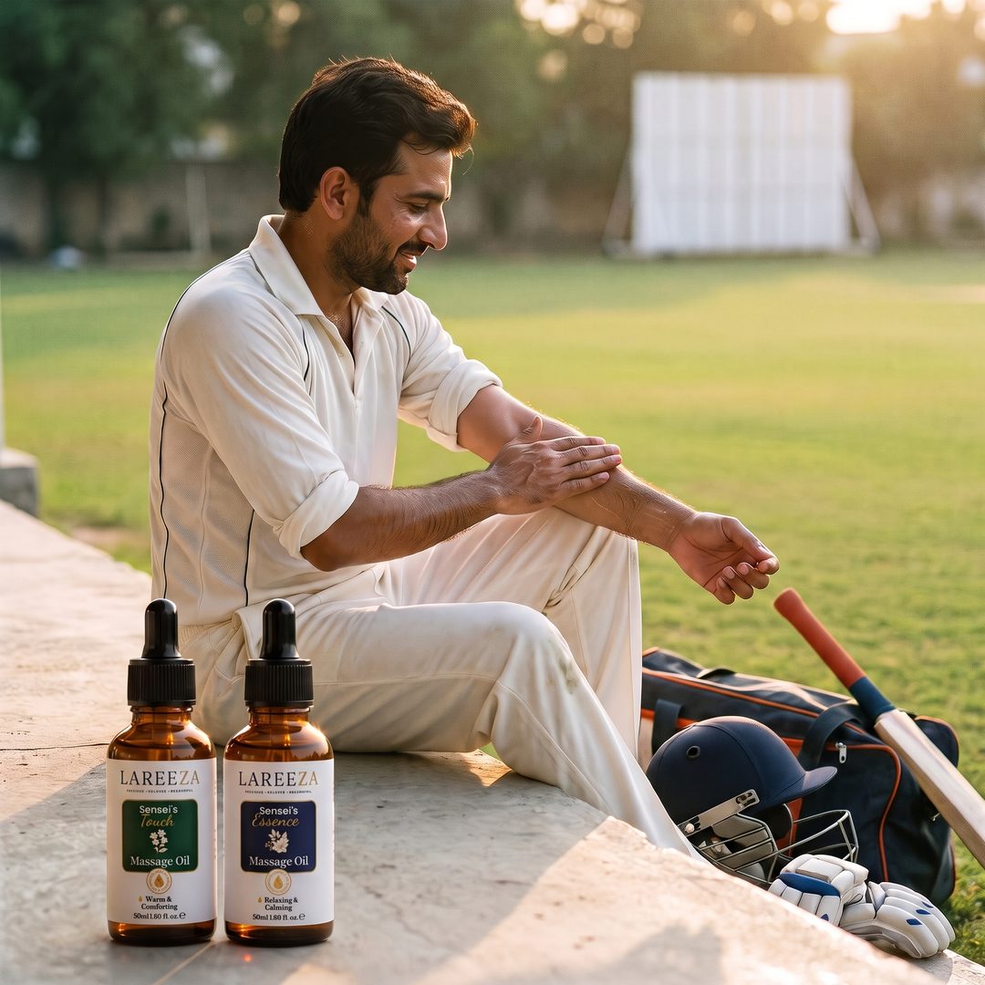 A cricketer in whites smoothing massage oil along his forearm on the pavilion steps, two Lareeza bottles beside him