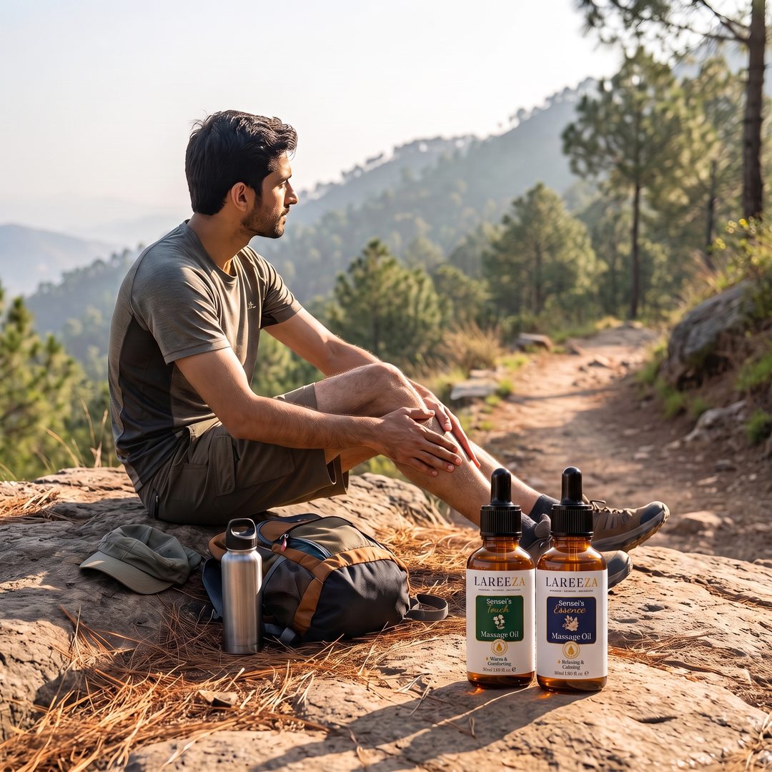 A hiker on a rock at a Margalla Hills trailhead working massage oil into his calf, two Lareeza bottles beside him