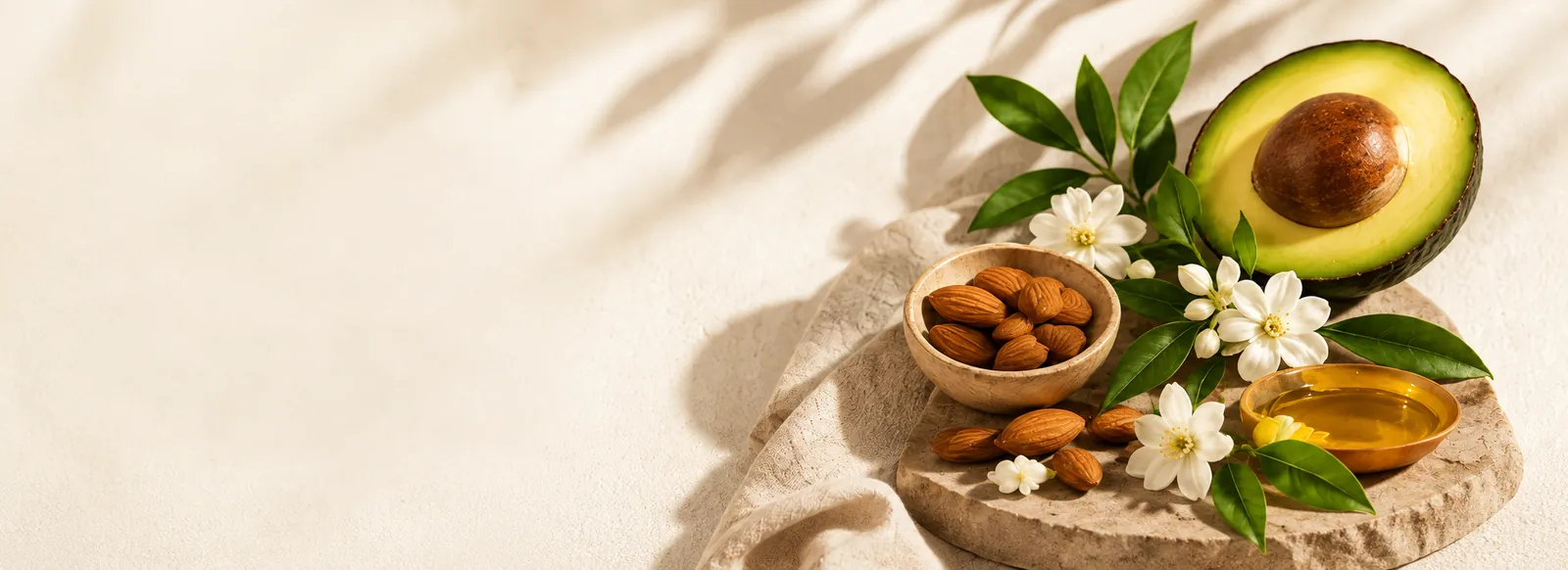 Almonds, avocado and jasmine flowers for Sensei's Essence massage oil