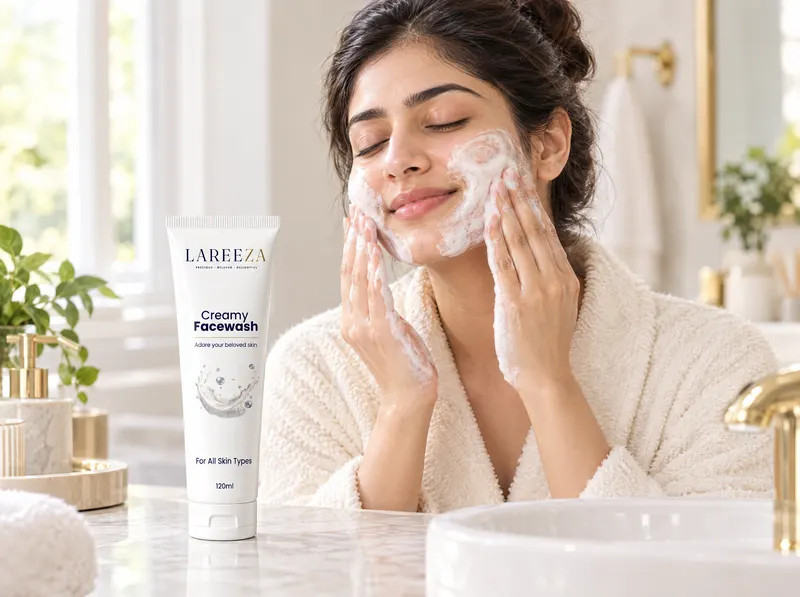 Working the Creamy Facewash into a soft lather on the face