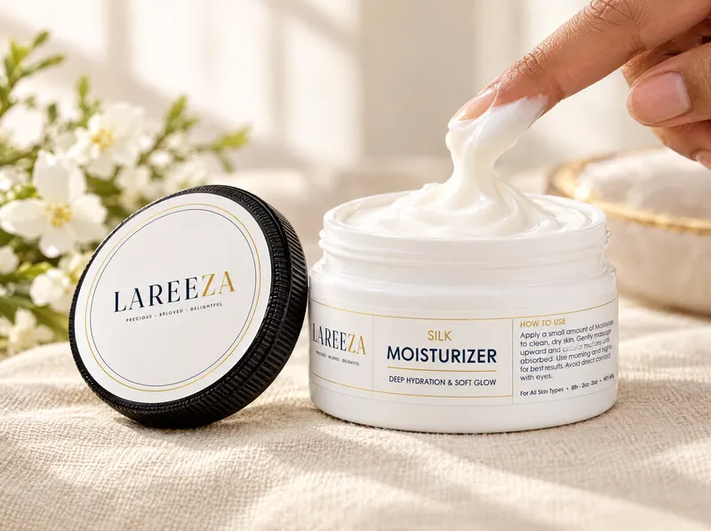 A fingertip of Silk Moisturizer lifted from the open jar