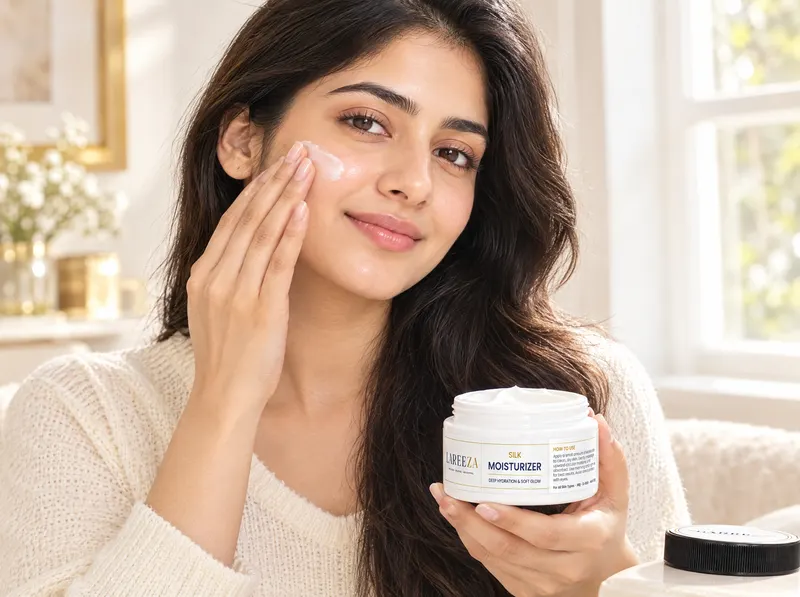 Smoothing Silk Moisturizer onto the cheek