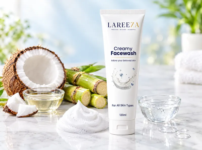 Creamy Facewash with its key ingredients — coconut, coconut oil, sugarcane and glycerin