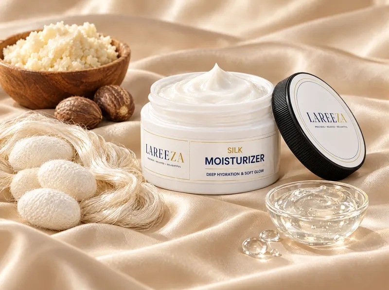 Silk Moisturizer with its key ingredients — raw silk, shea butter and a hydrating gel