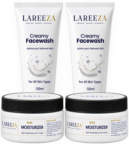 Two Lareeza Glow Duo sets — 2 Creamy Facewash and 2 Silk Moisturizer