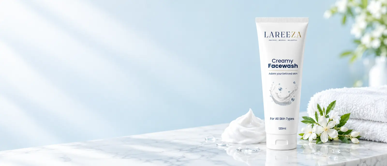 Lareeza Creamy Facewash on a marble vanity with a swirl of creamy lather