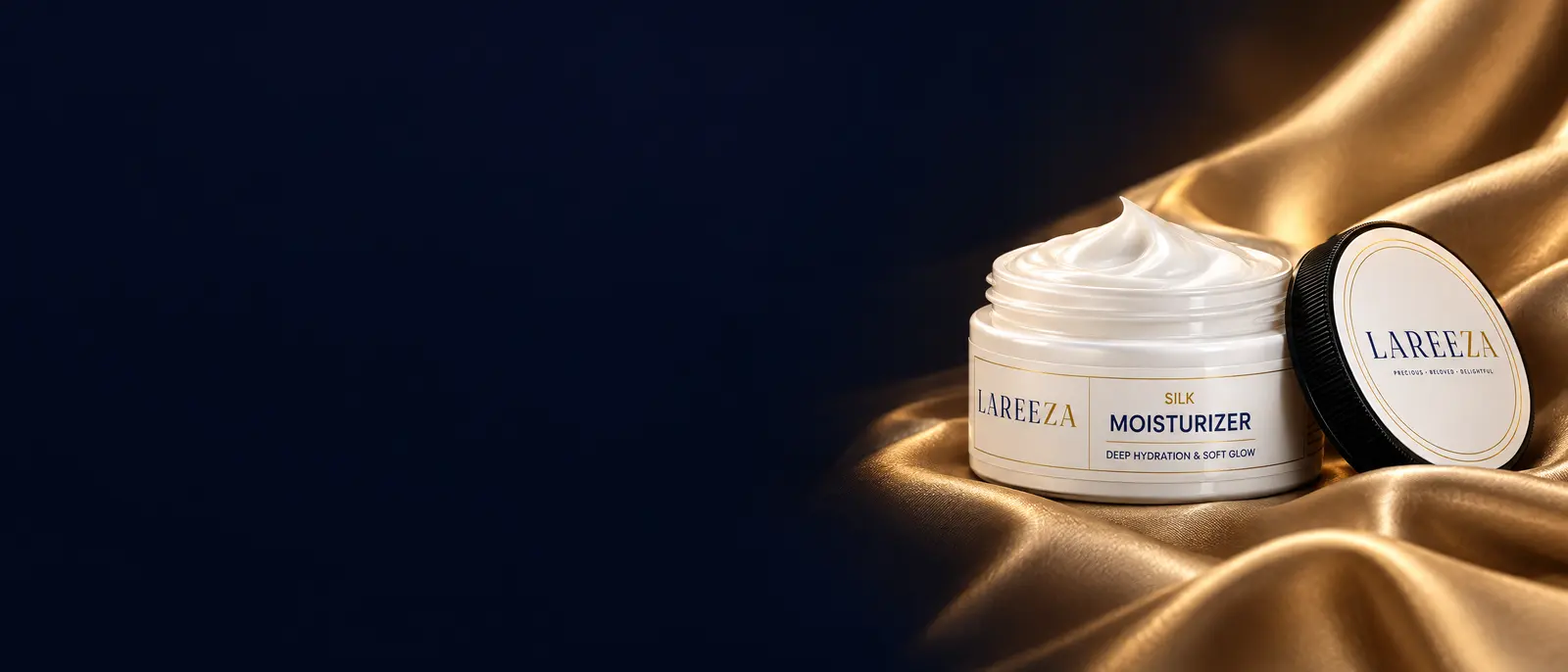 Lareeza Silk Moisturizer, open, on draped gold silk